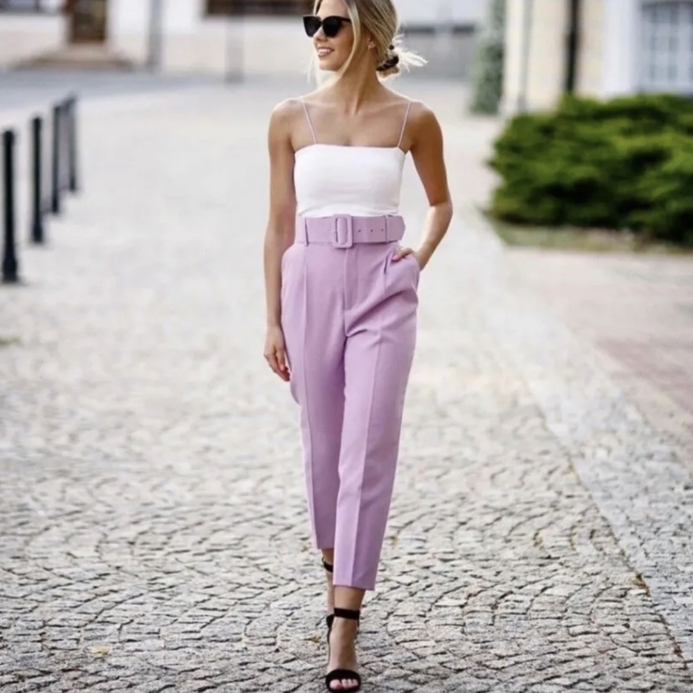 ZARA WOMEN’S NWT BELTED HIGH-WAISTED PANTS LILAC PURPLE SIZE S,M,L,XL